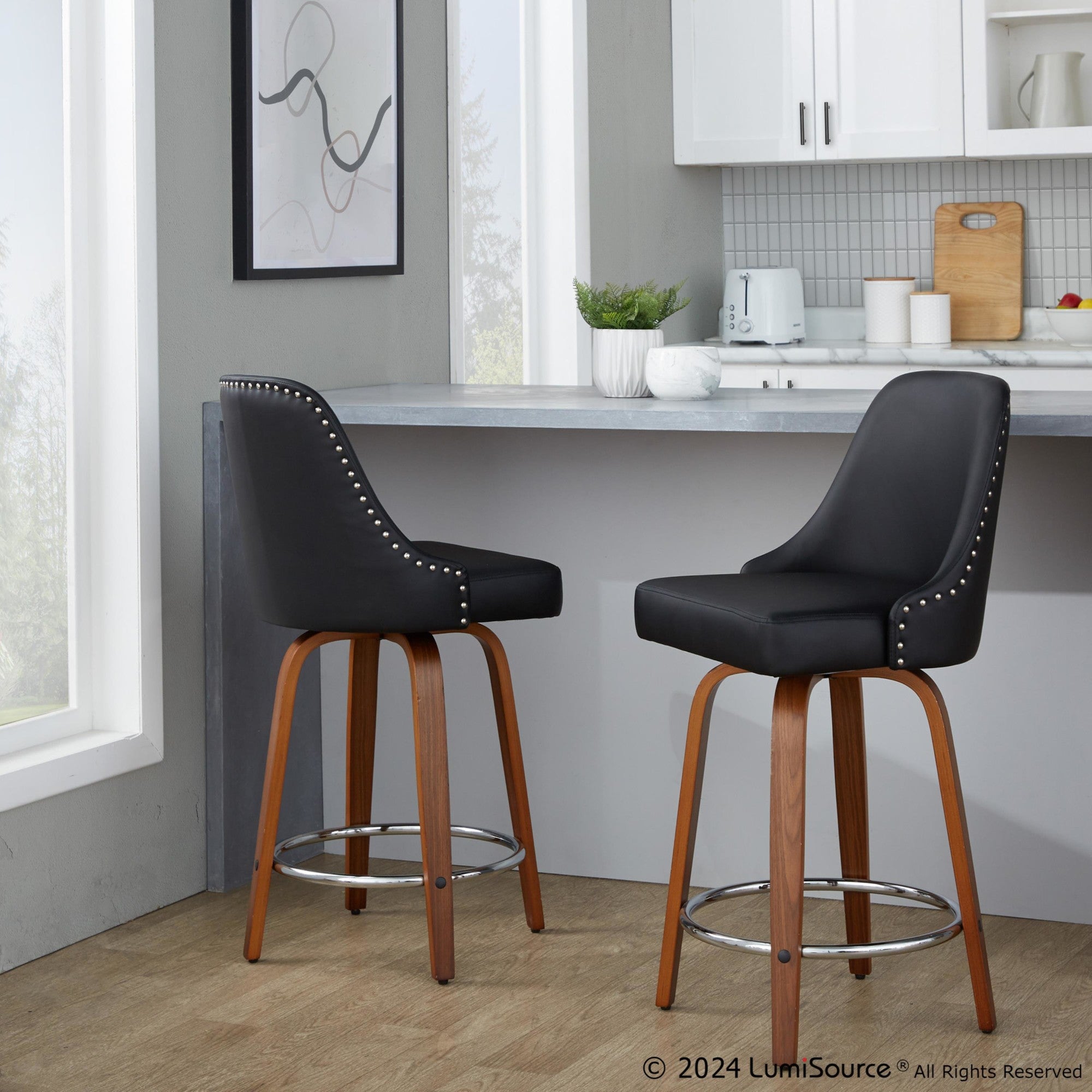 Studded Marcel 26" Fixed-Height Counter Stool - Set of 2 - Walnut Wood, Black PU, Chrome Metal
