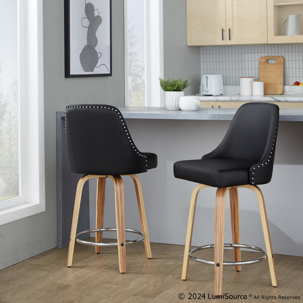 Studded Marcel 26" Fixed-Height Counter Stool - Set of 2 - Zebra Wood, Black PU, Chrome Metal