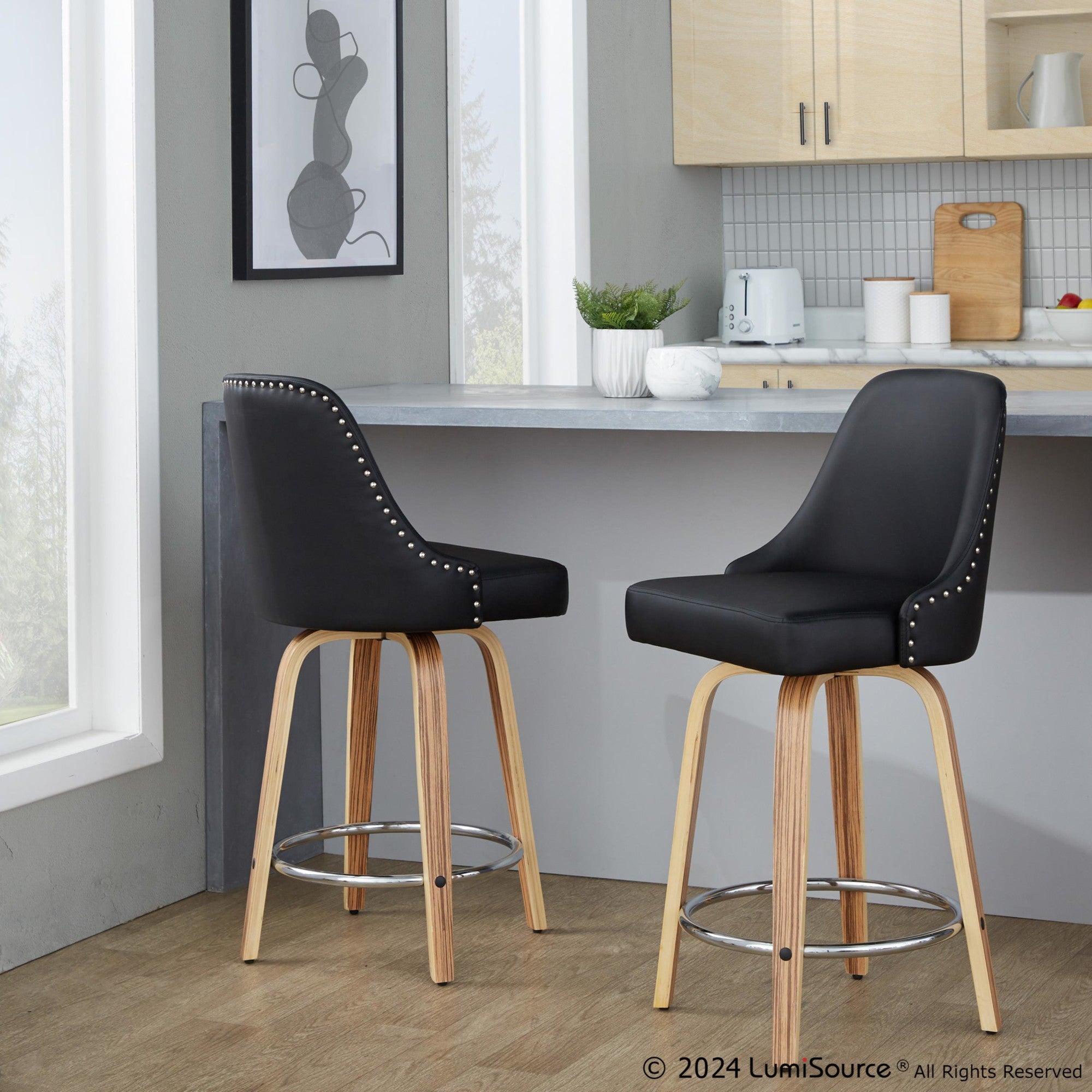 Studded Marcel 26" Fixed-Height Counter Stool - Set of 2 - Zebra Wood, Black PU, Chrome Metal