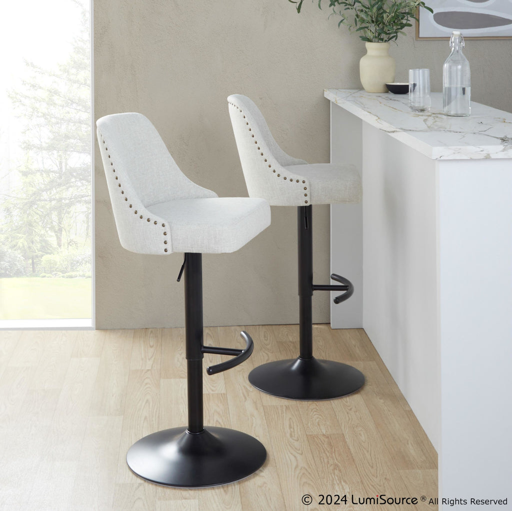 Studded Marcel Barstool - Set of 2 - Black Metal, Cream Fabric, Brass Metal