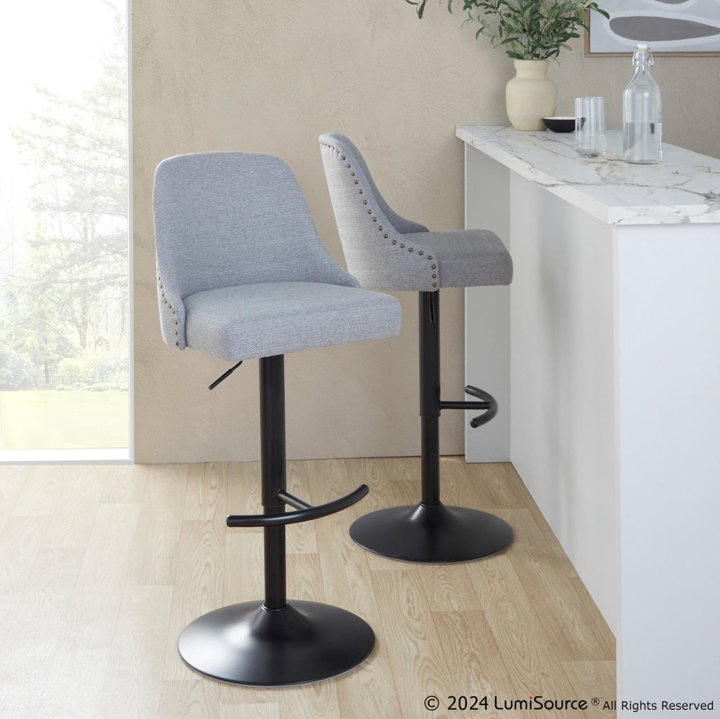 Studded Marcel Adjustable Barstool - Set of 2 - Black Metal, Light Grey Fabric, Brass Metal