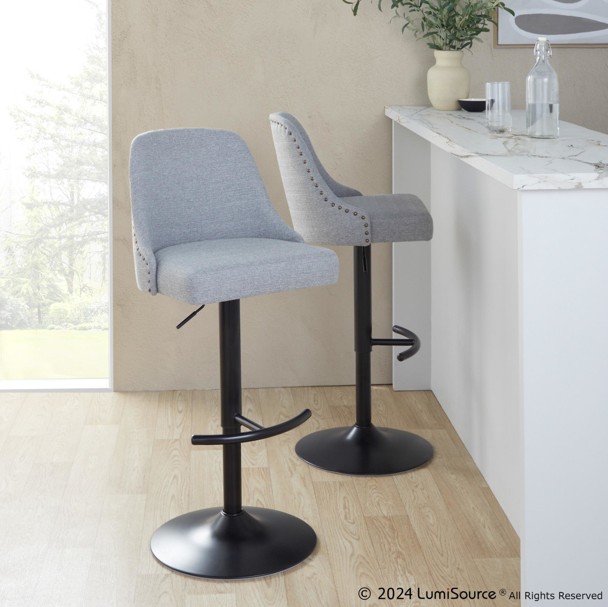 Studded Marcel Adjustable Barstool - Set of 2 - Black Metal, Light Grey Fabric, Brass Metal