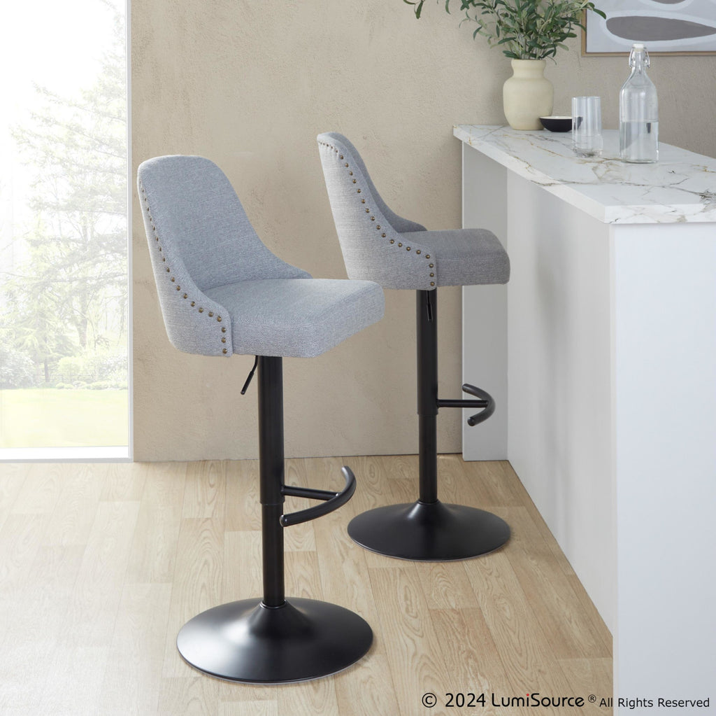 Studded Marcel Adjustable Barstool - Set of 2 - Black Metal, Light Grey Fabric, Brass Metal