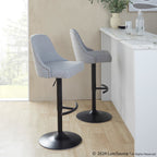 Studded Marcel Adjustable Barstool - Set of 2 - Black Metal, Light Grey Fabric, Brass Metal