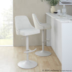 Studded Marcel Adjustable Barstool - Set of 2 - Pearl Grey Metal, Cream Fabric, Brass Metal