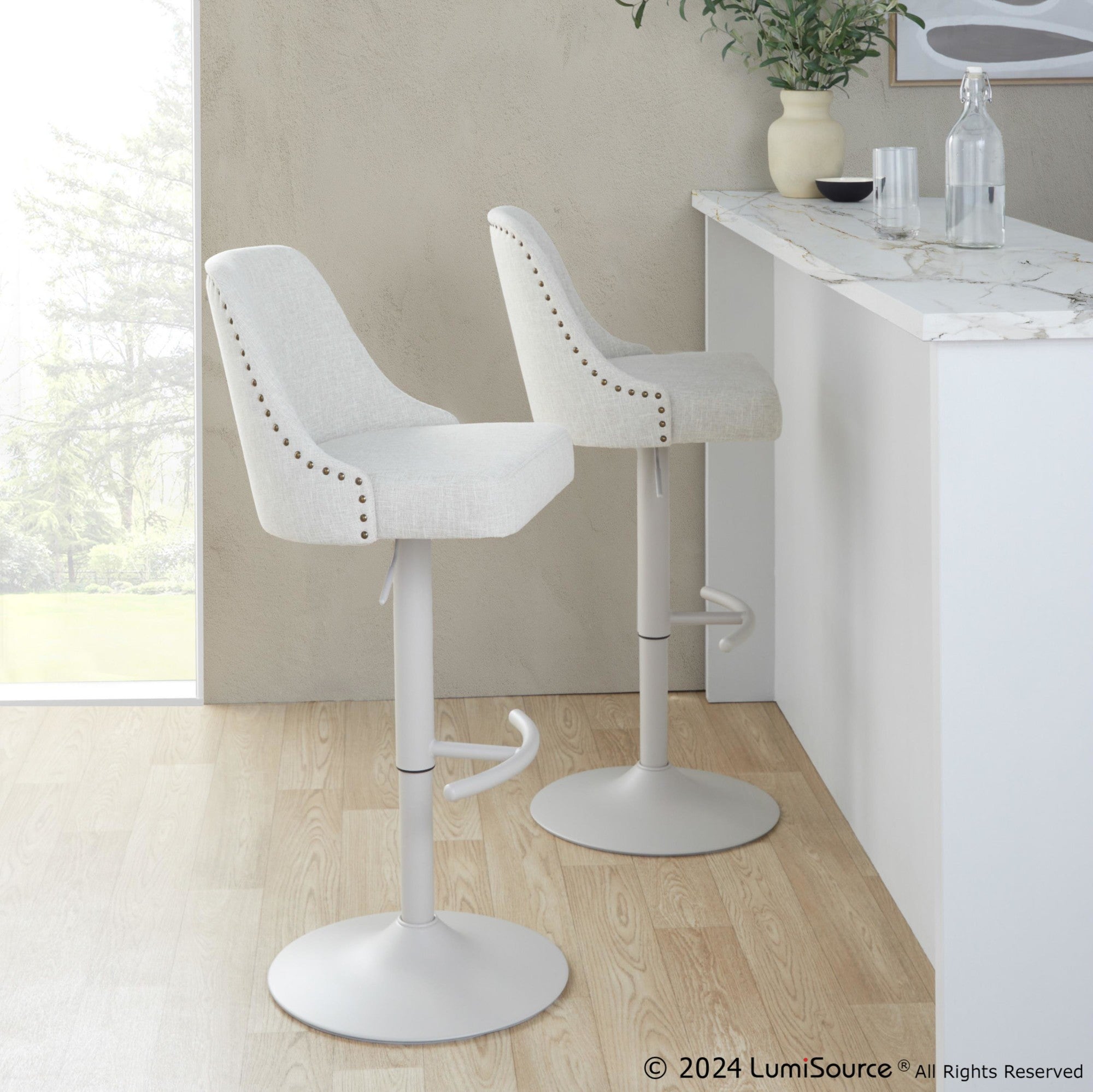 Studded Marcel Adjustable Barstool - Set of 2 - Pearl Grey Metal, Cream Fabric, Brass Metal
