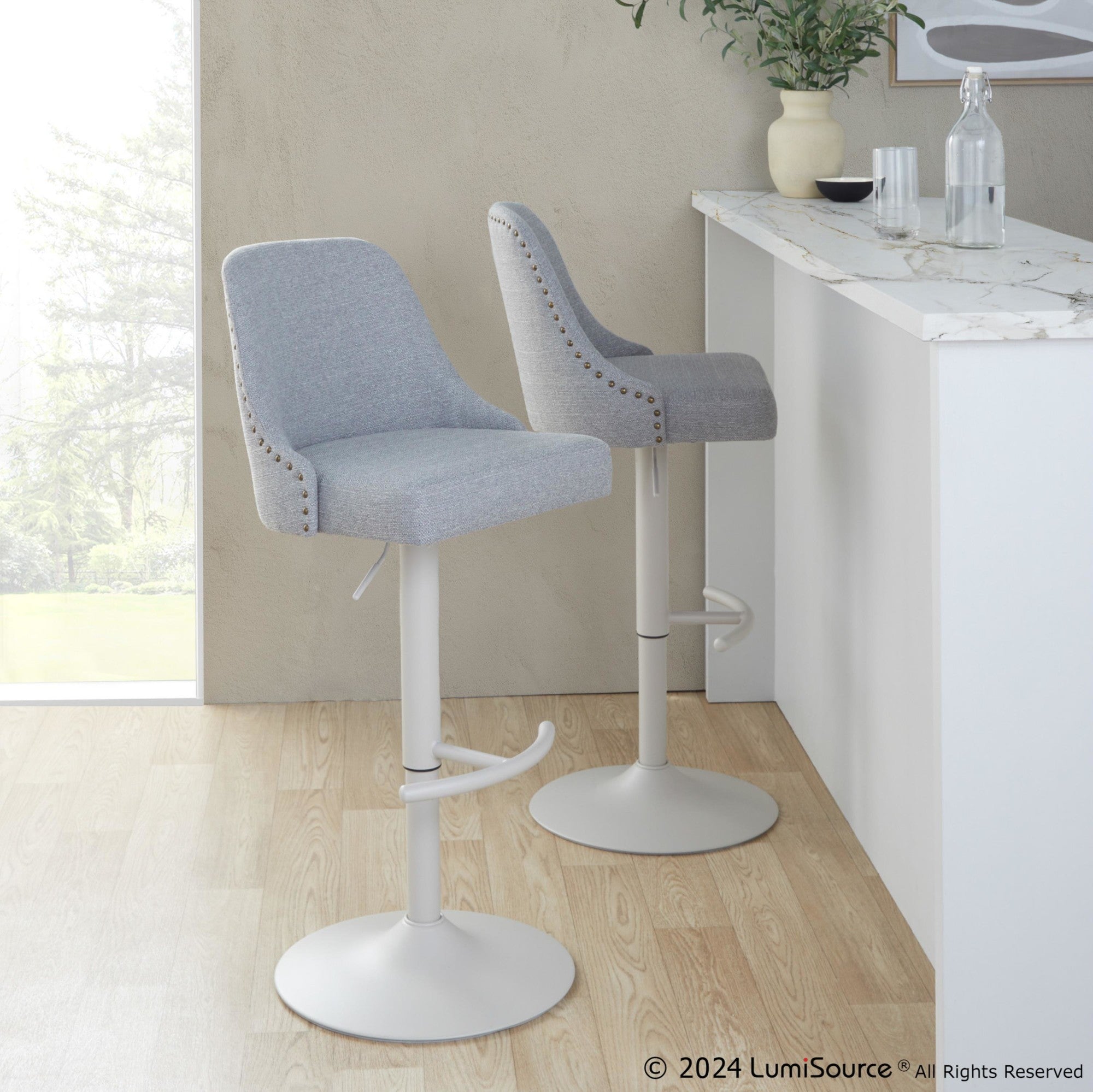 Studded Marcel Adjustable Barstool - Set of 2 - Pearl Grey Metal, Light Grey Fabric, Brass Metal
