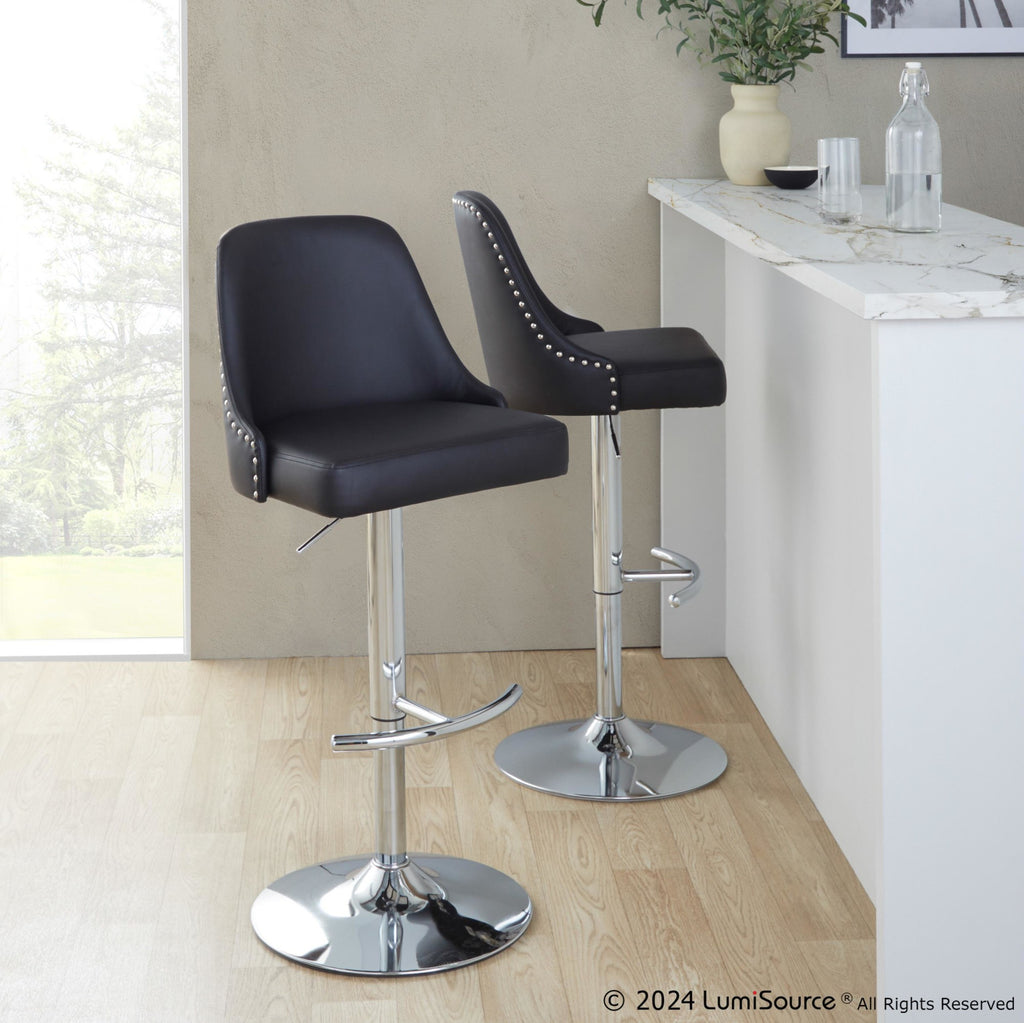 Studded Marcel Barstool - Set of 2 - Chrome Metal, Black PU