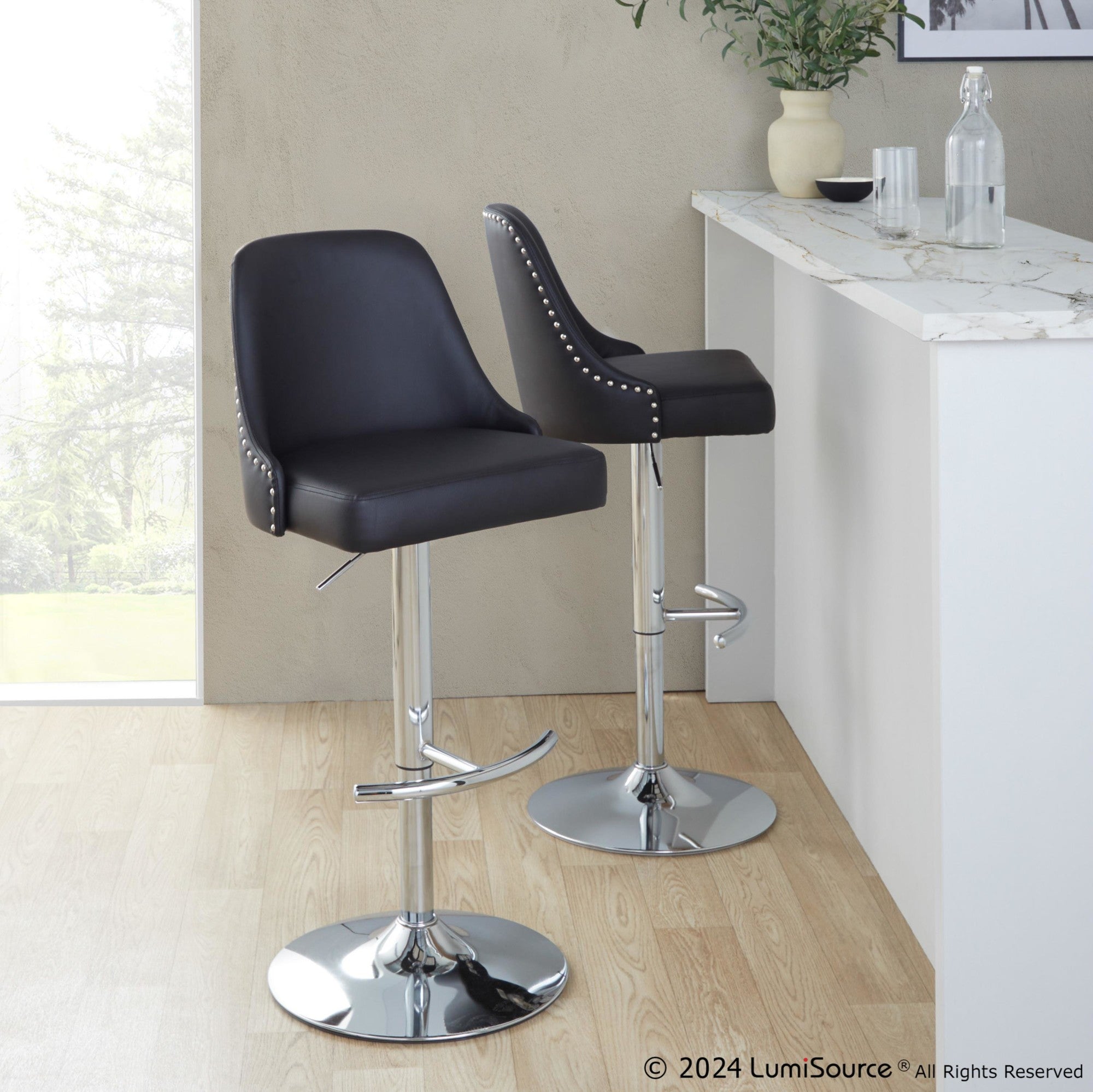Studded Marcel Barstool - Set of 2 - Chrome Metal, Black PU