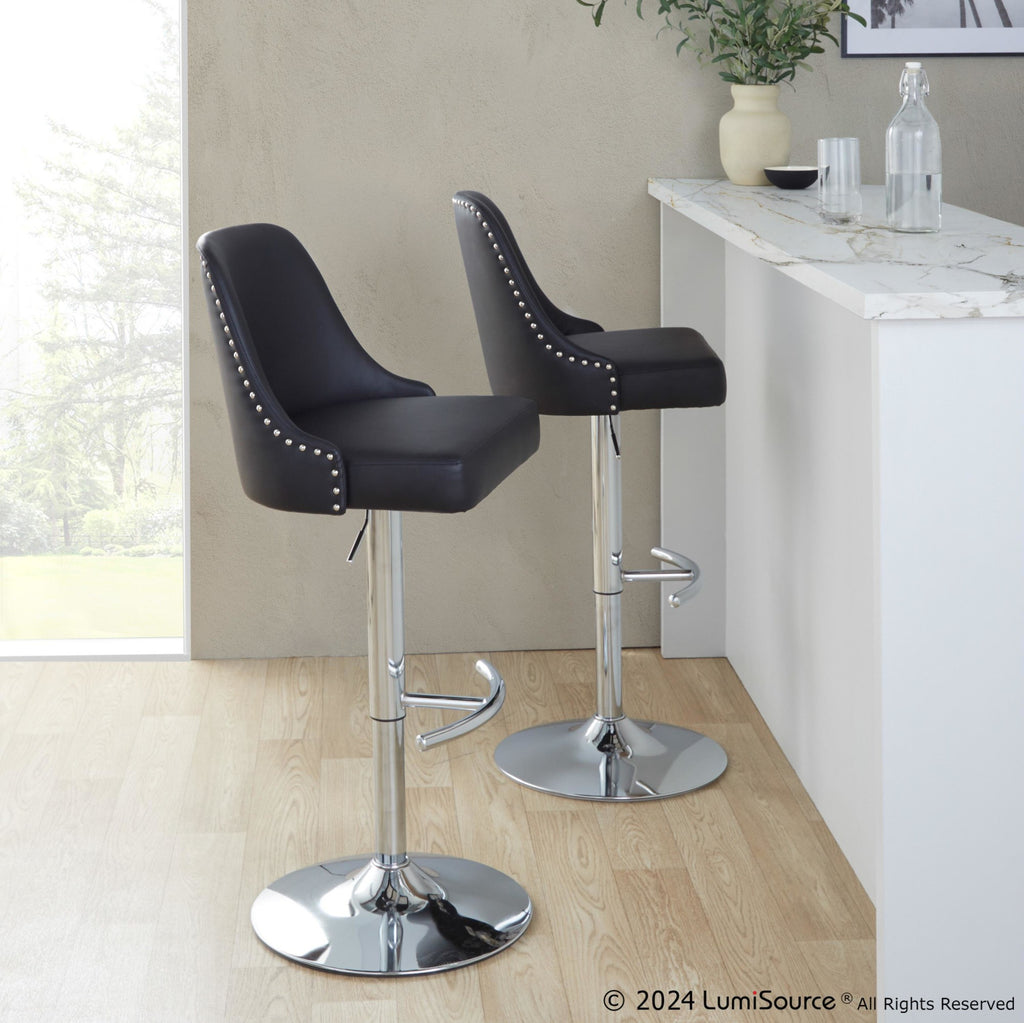 Studded Marcel Barstool - Set of 2 - Chrome Metal, Black PU
