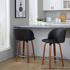 Fran 24" Fixed-Height Counter Stool - Set of 2 - Walnut Wood, Black PU, Chrome Metal