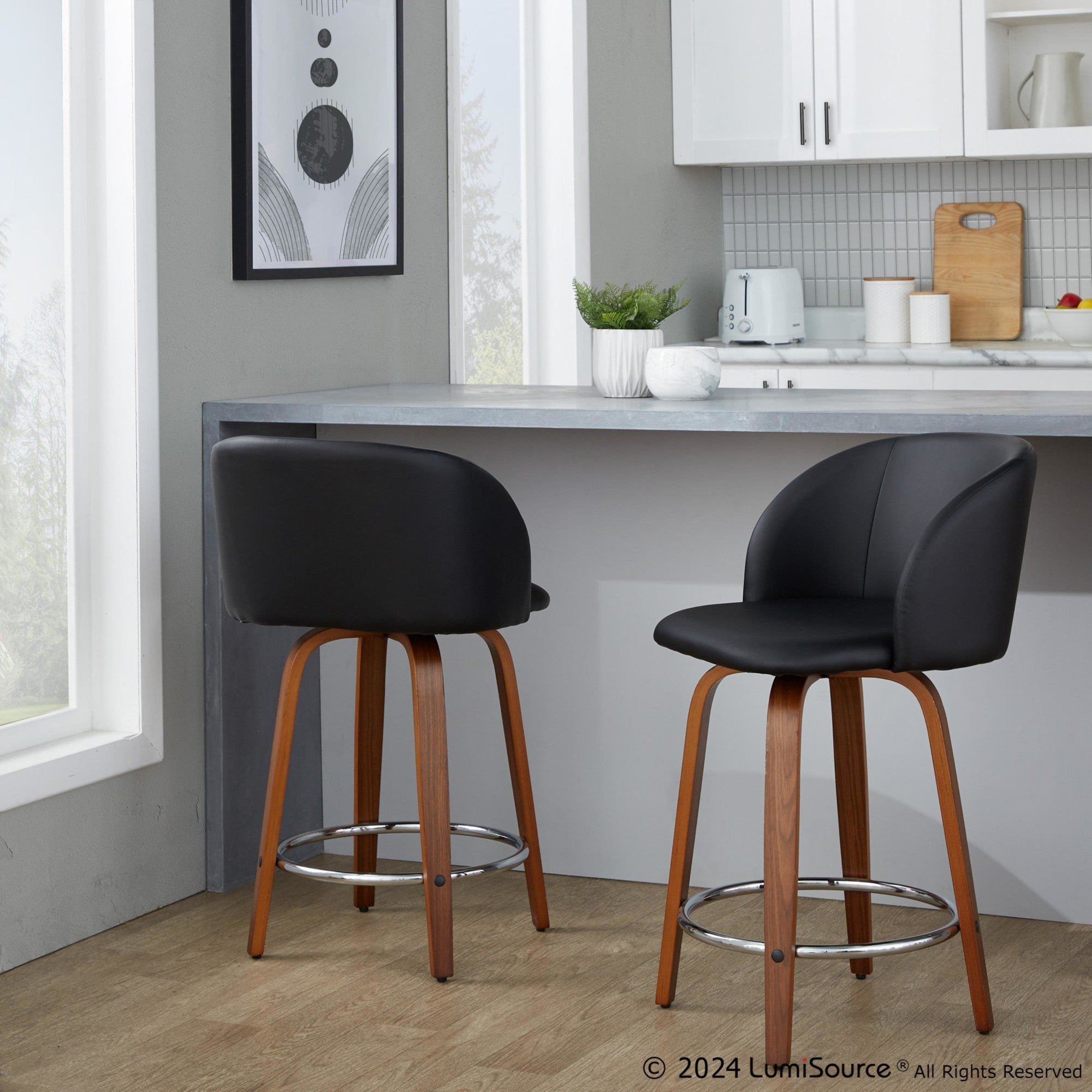 Fran 24" Fixed-Height Counter Stool - Set of 2 - Walnut Wood, Black PU, Chrome Metal