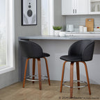 Fran 24" Fixed-Height Counter Stool - Set of 2 - Walnut Wood, Black PU, Chrome Metal