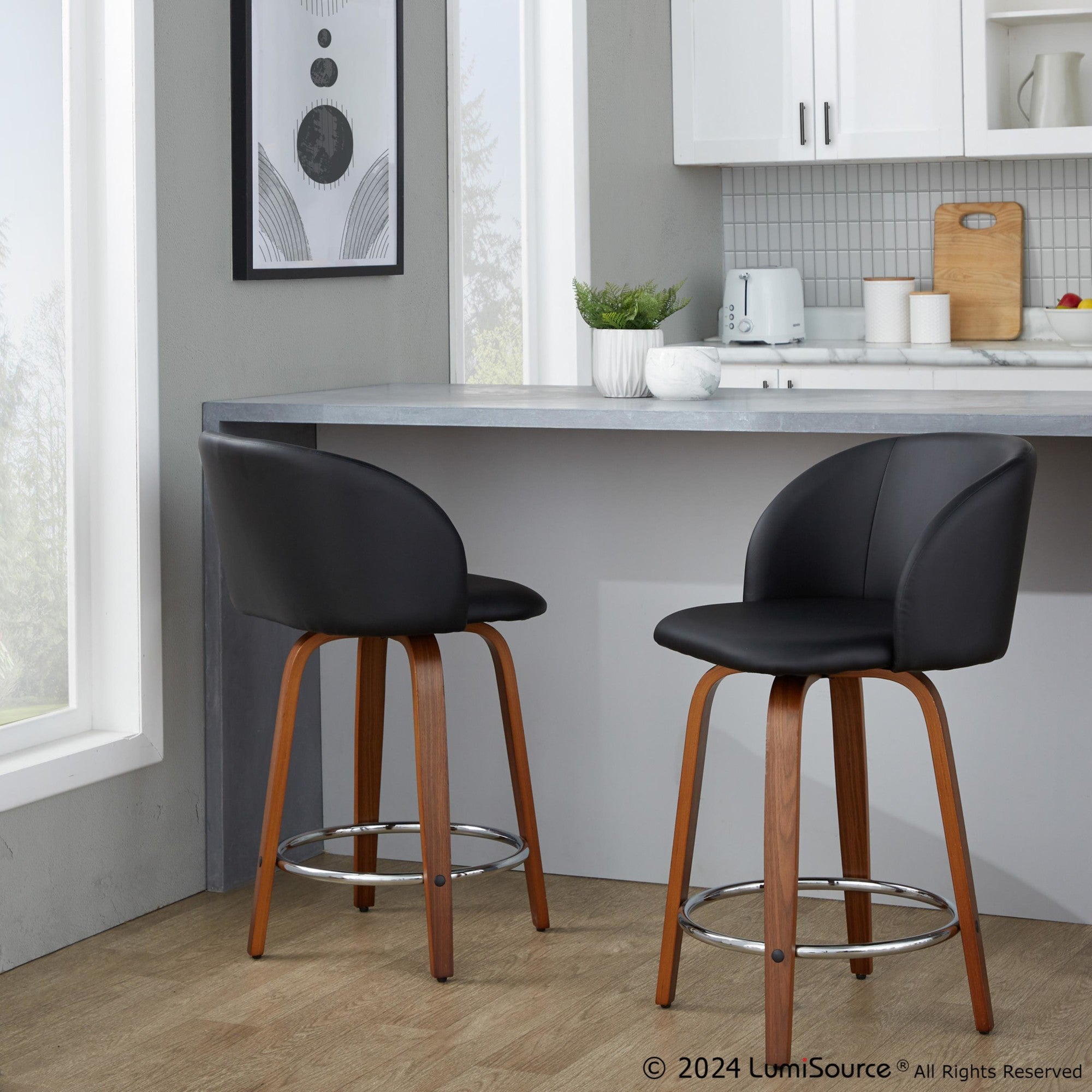 Fran 24" Fixed-Height Counter Stool - Set of 2 - Walnut Wood, Black PU, Chrome Metal