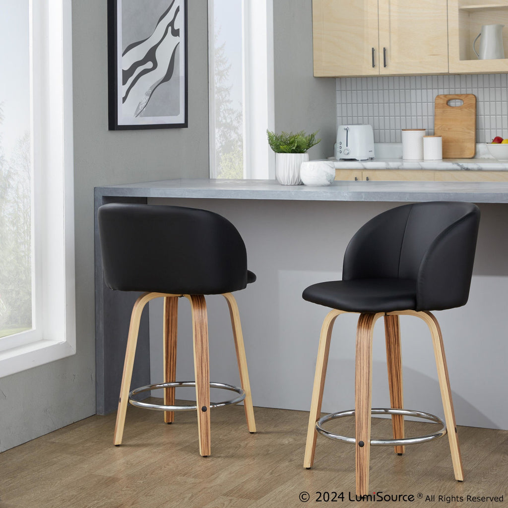 Fran 24" Fixed-Height Counter Stool - Set of 2 - Zebra Wood, Black PU, Chrome Metal