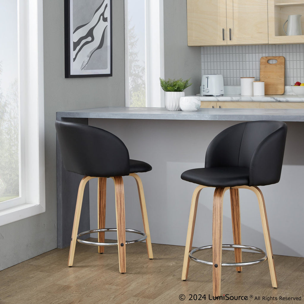 Fran 24" Fixed-Height Counter Stool - Set of 2 - Zebra Wood, Black PU, Chrome Metal
