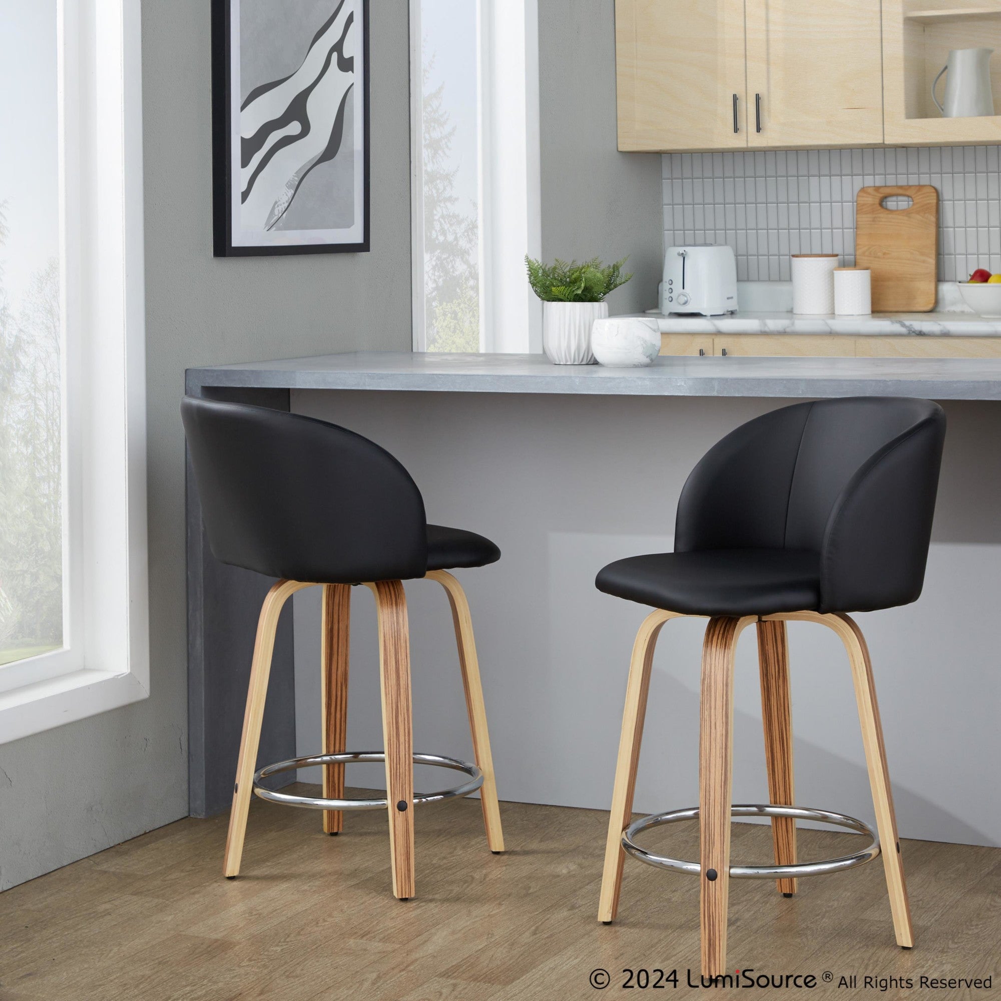 Fran 24" Fixed-Height Counter Stool - Set of 2 - Zebra Wood, Black PU, Chrome Metal