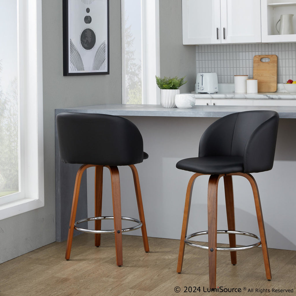 Fran 25" Fixed-Height Counter Stool - Set of 2 - Walnut Wood, Black PU, Chrome Metal