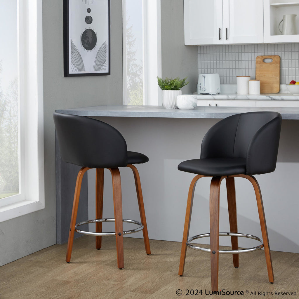 Fran 25" Fixed-Height Counter Stool - Set of 2 - Walnut Wood, Black PU, Chrome Metal