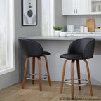 Fran 25" Fixed-Height Counter Stool - Set of 2 - Walnut Wood, Black PU, Chrome Metal