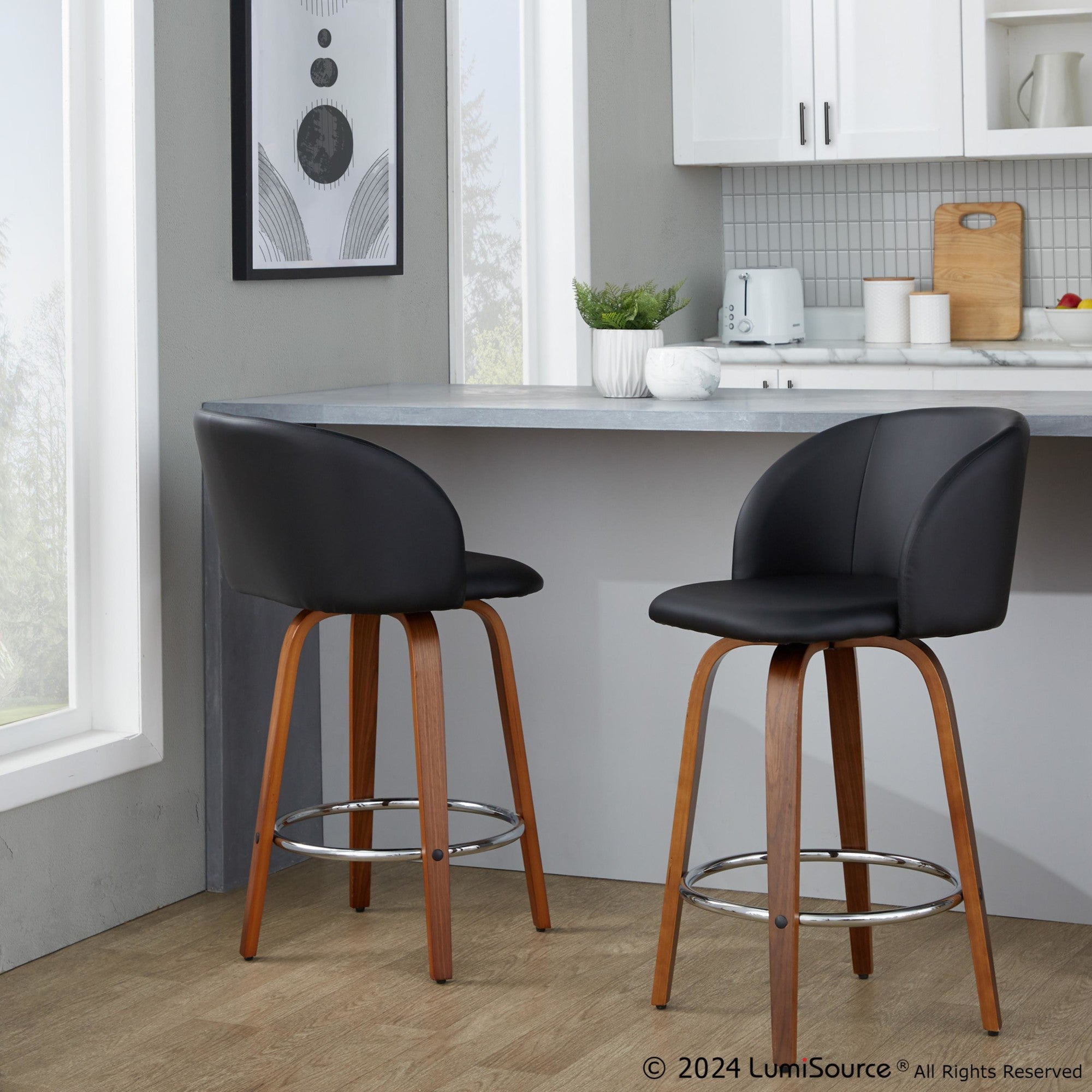 Fran 25" Fixed-Height Counter Stool - Set of 2 - Walnut Wood, Black PU, Chrome Metal