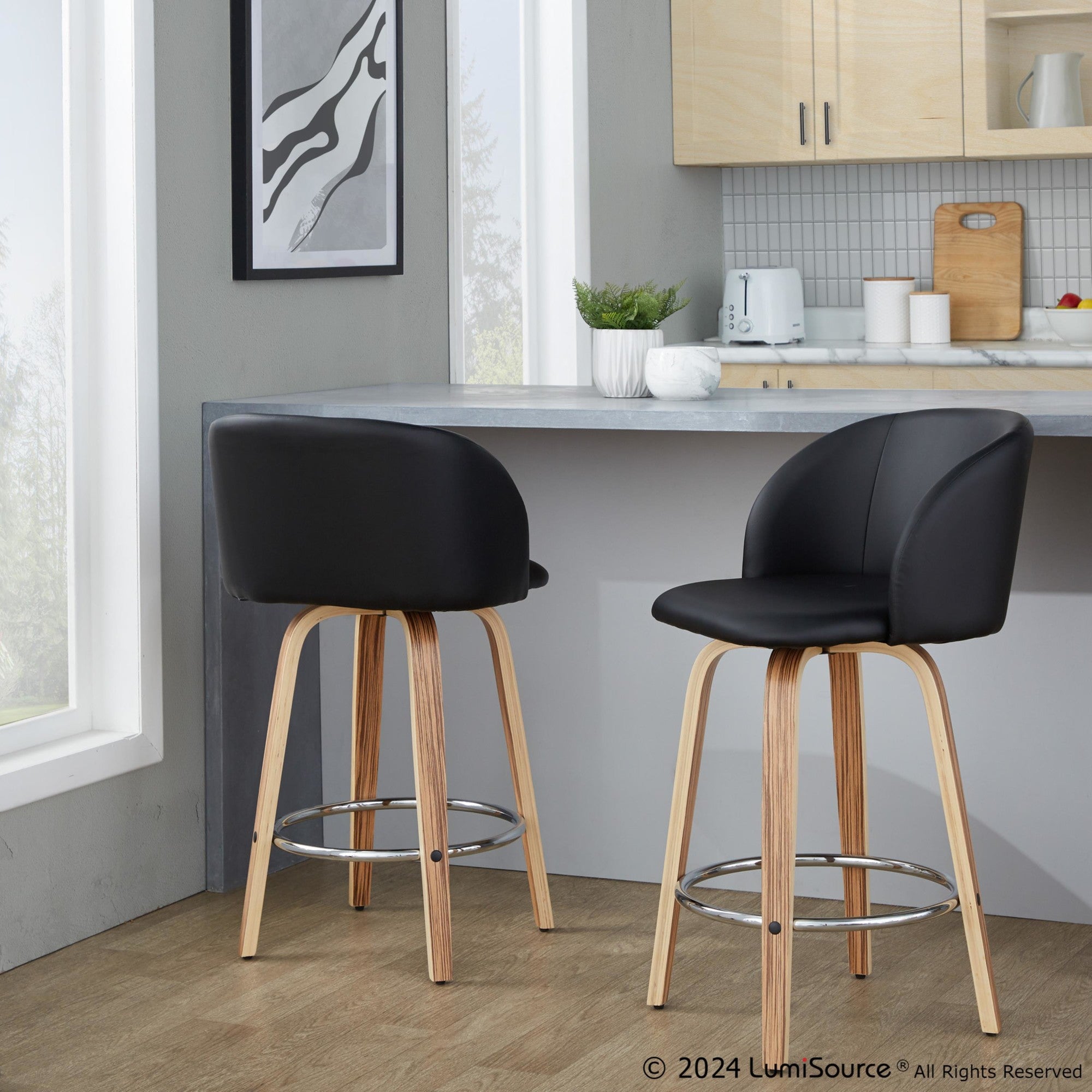 Fran 25" Fixed-Height Counter Stool - Set of 2 - Zebra Wood, Black PU, Chrome Metal