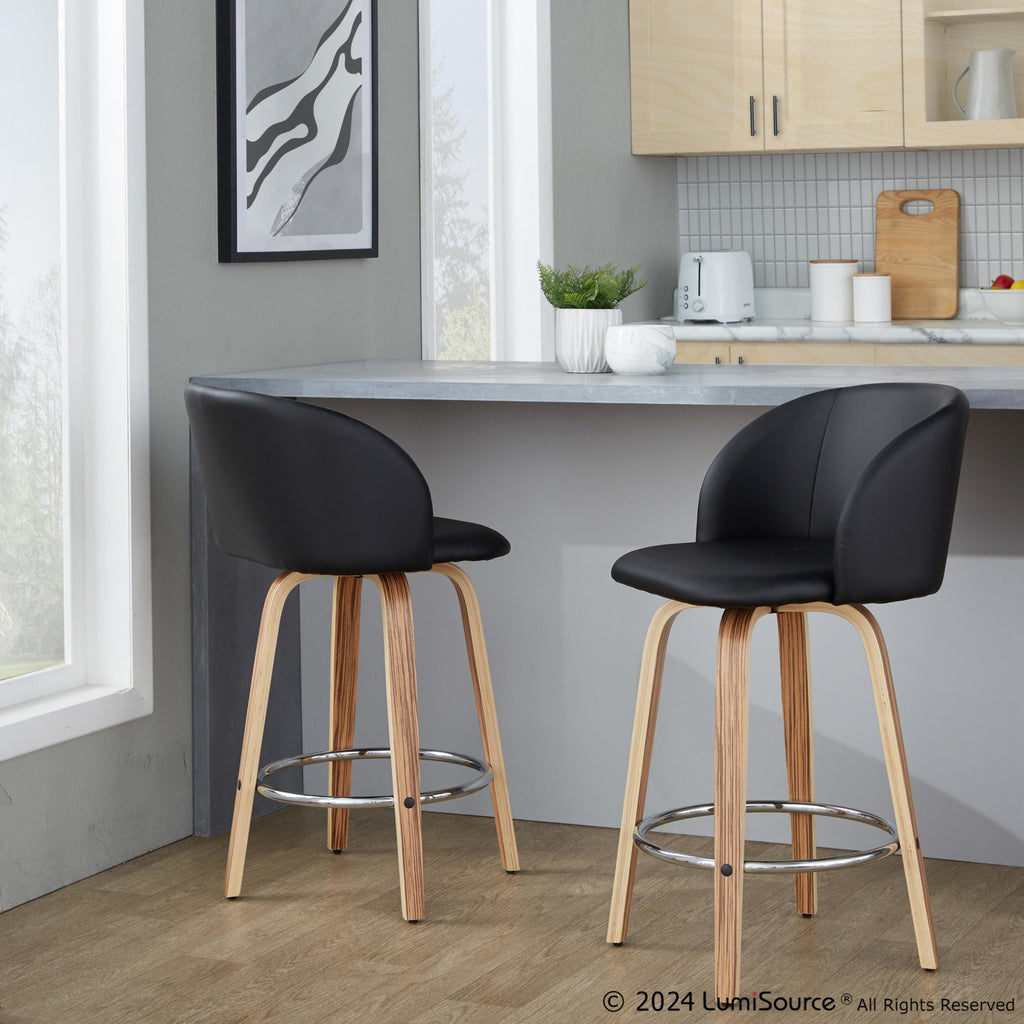Fran 25" Fixed-Height Counter Stool - Set of 2 - Zebra Wood, Black PU, Chrome Metal