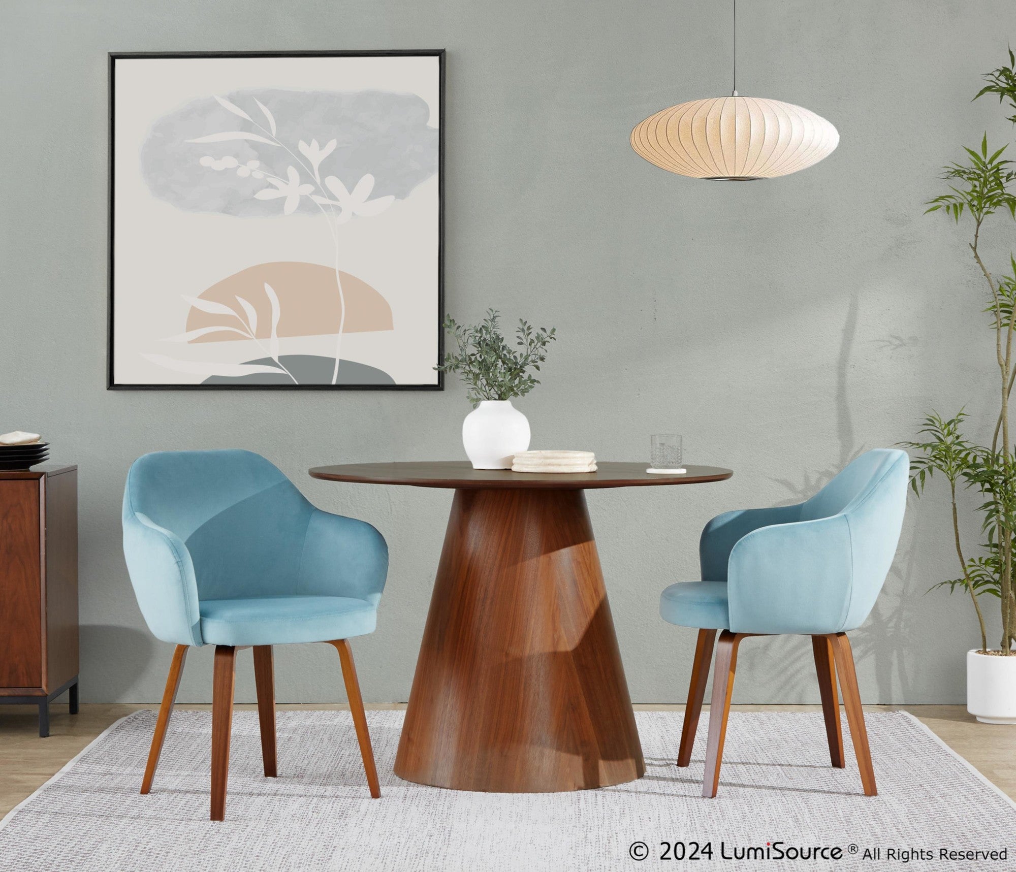 Buena Dining Chair - Set of 2 - Walnut Wood, Light Blue Velvet