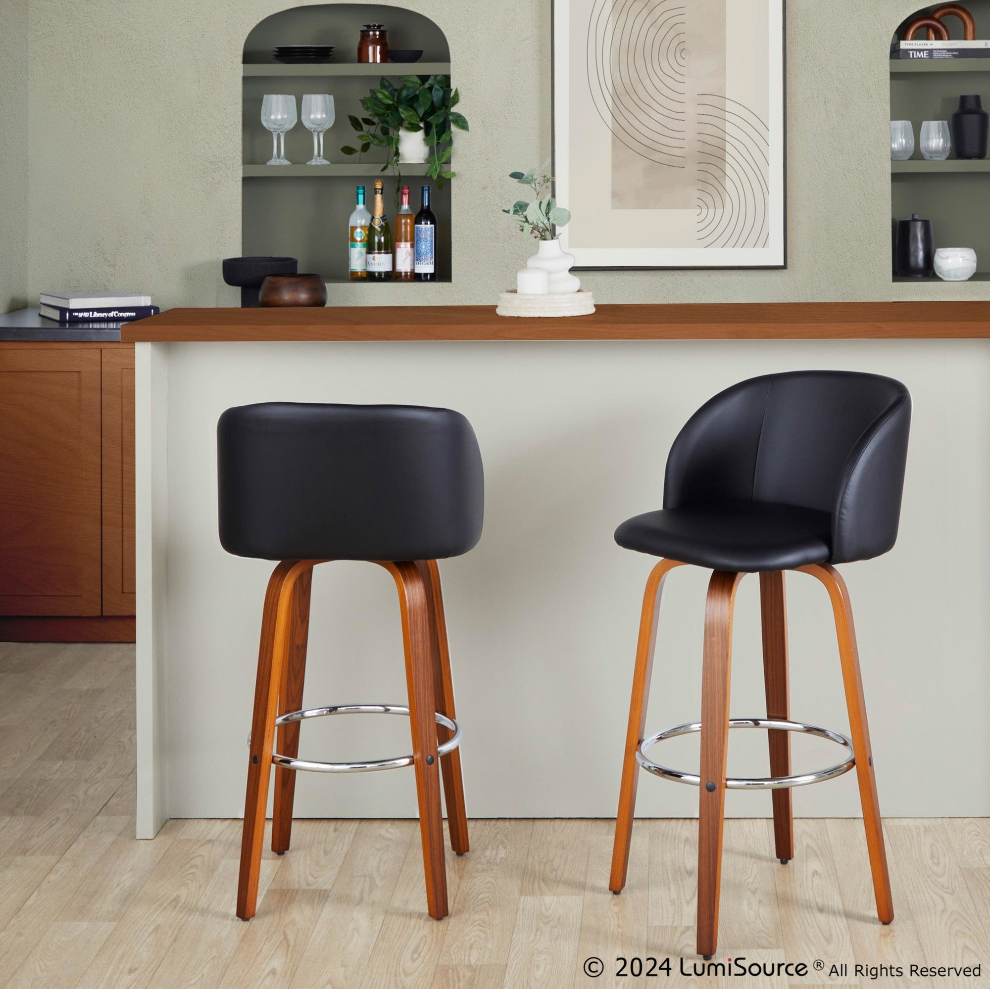 Fran 29" Fixed-Height Barstool - Set of 2 - Walnut Wood, Black PU, Chrome Metal