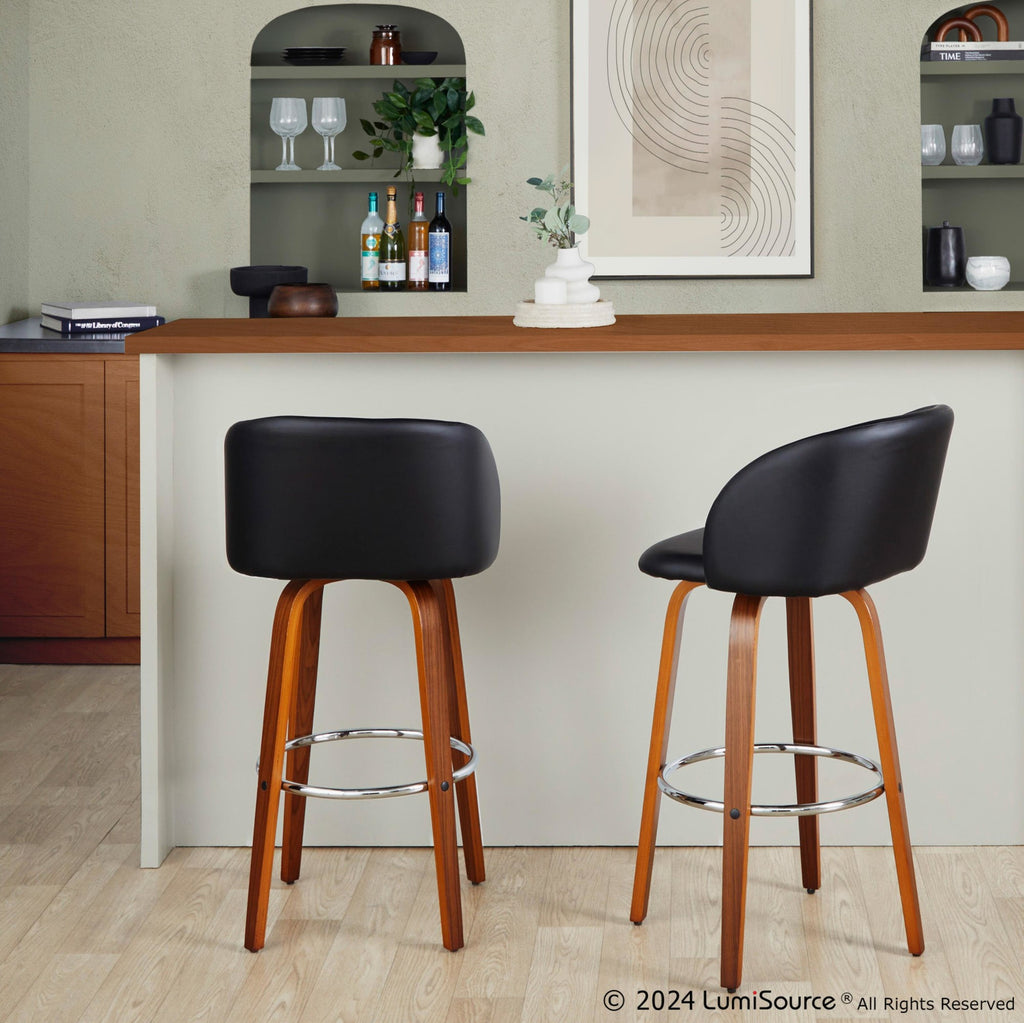 Fran 29" Fixed-Height Barstool - Set of 2 - Walnut Wood, Black PU, Chrome Metal