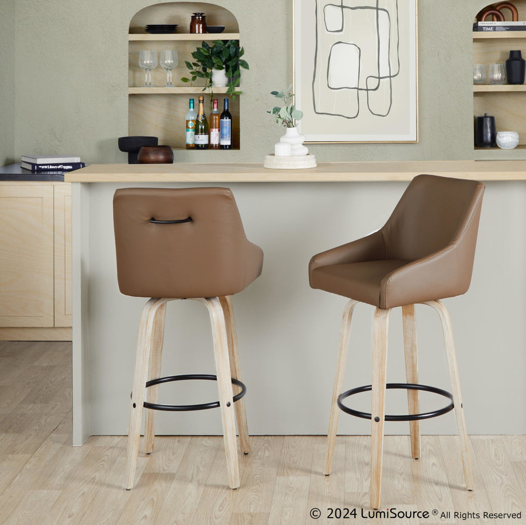 Hannah 30" Fixed-Height Barstool - Set of 2 - Whitewashed Wood, Brown PU, Black Metal
