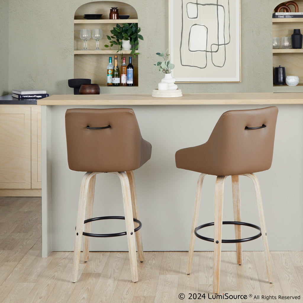 Hannah 30" Fixed-Height Barstool - Set of 2 - Whitewashed Wood, Brown PU, Black Metal