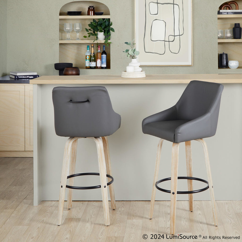 Hannah 30" Fixed-Height Barstool - Set of 2 - Whitewashed Wood, Dark Grey PU, Black Metal