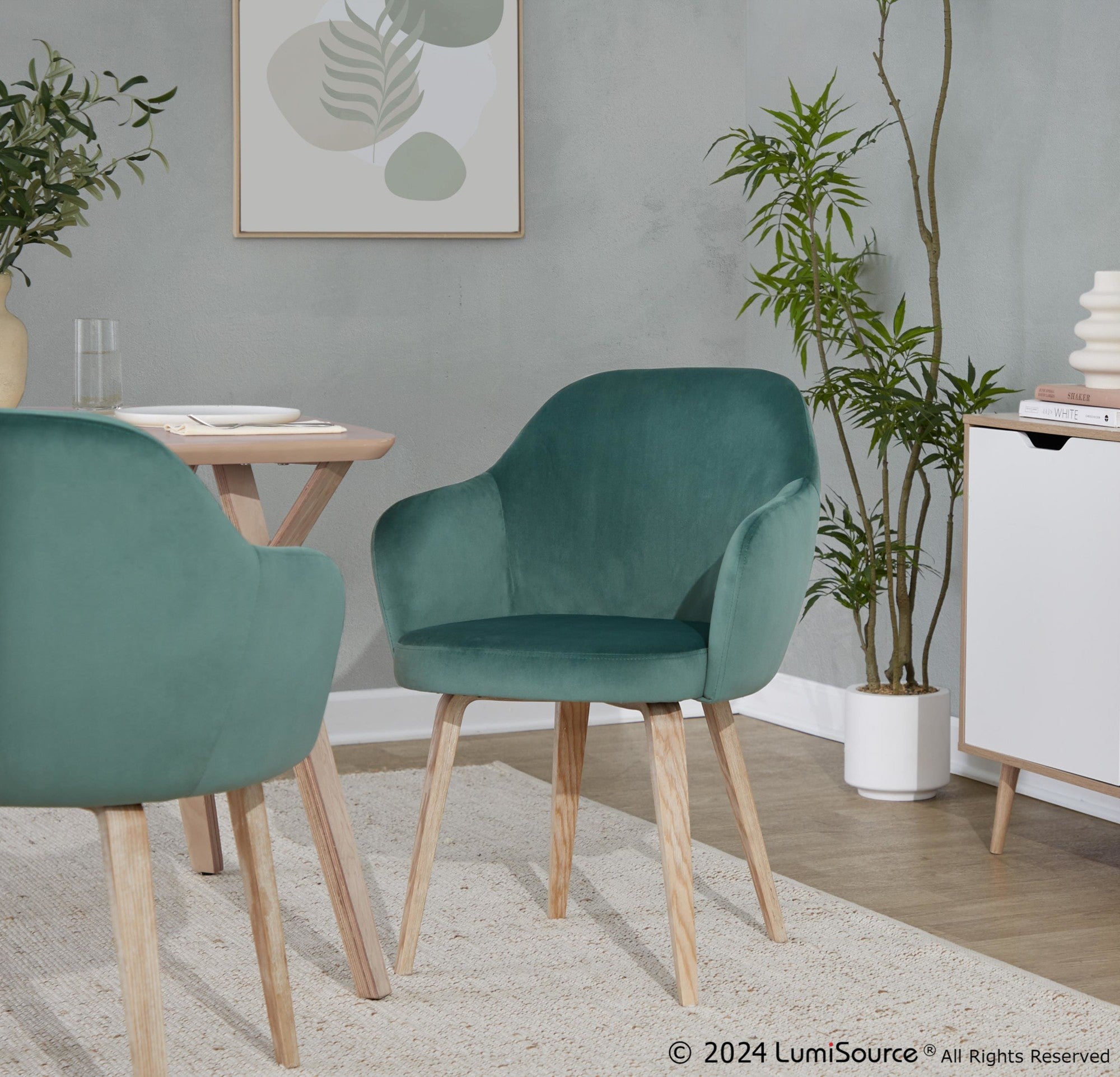 Buena Dining Chair - Set of 2 - Whitewashed Wood, Green Velvet