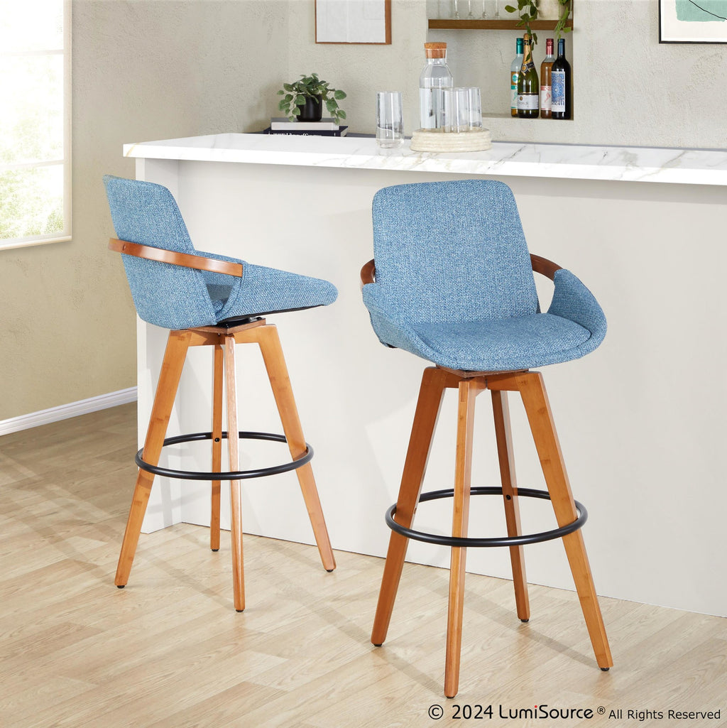 Cosmo 29" Fixed-Height Barstool - Walnut Bamboo, Blue Noise Fabric, Black Metal