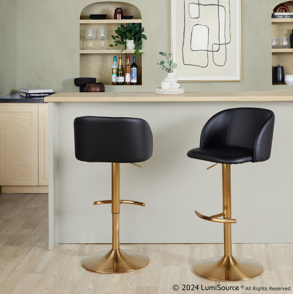 Fran Adjustable Barstool - Set of 2 - Gold Metal, Black PU