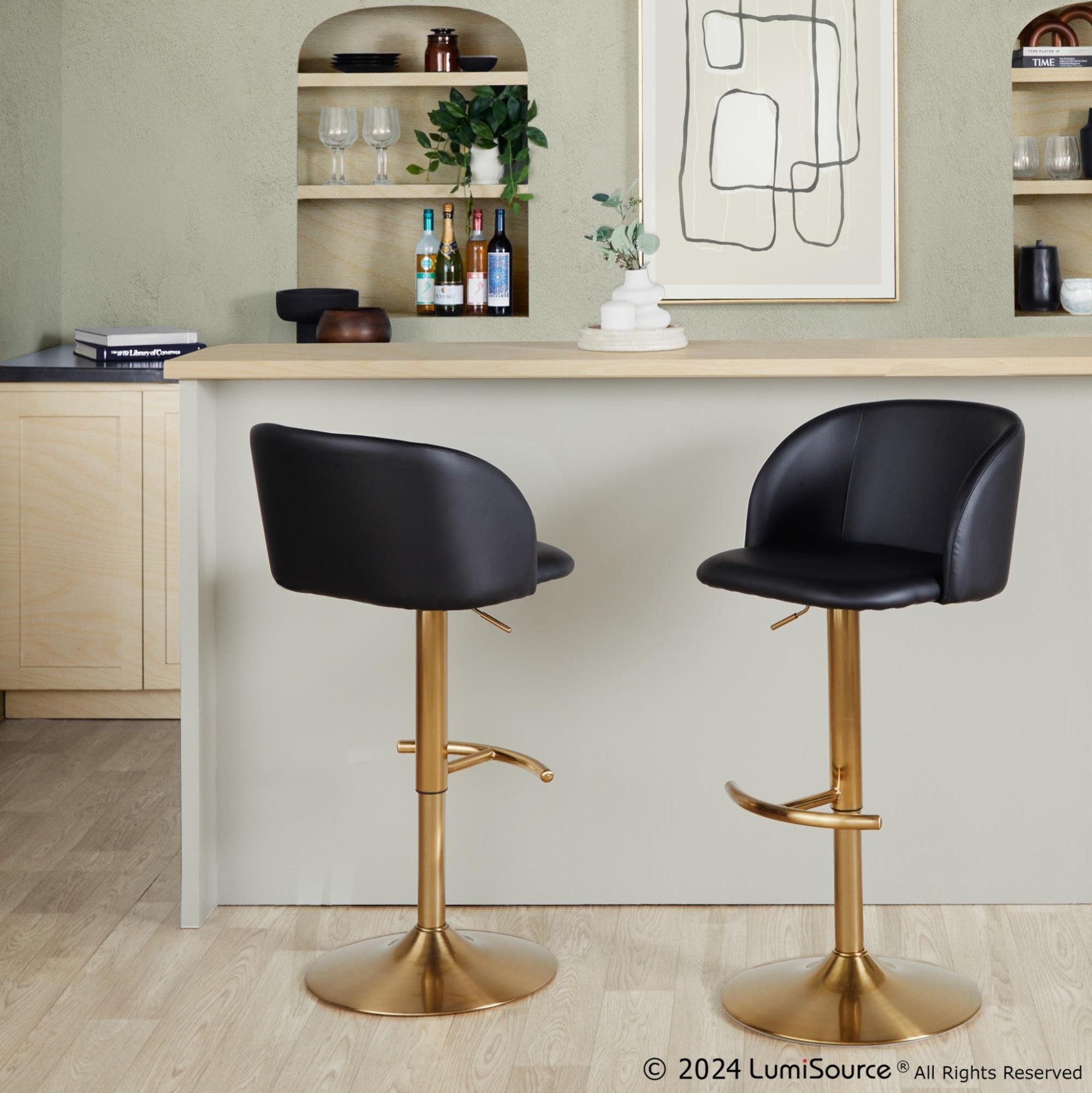 Fran Adjustable Barstool - Set of 2 - Gold Metal, Black PU