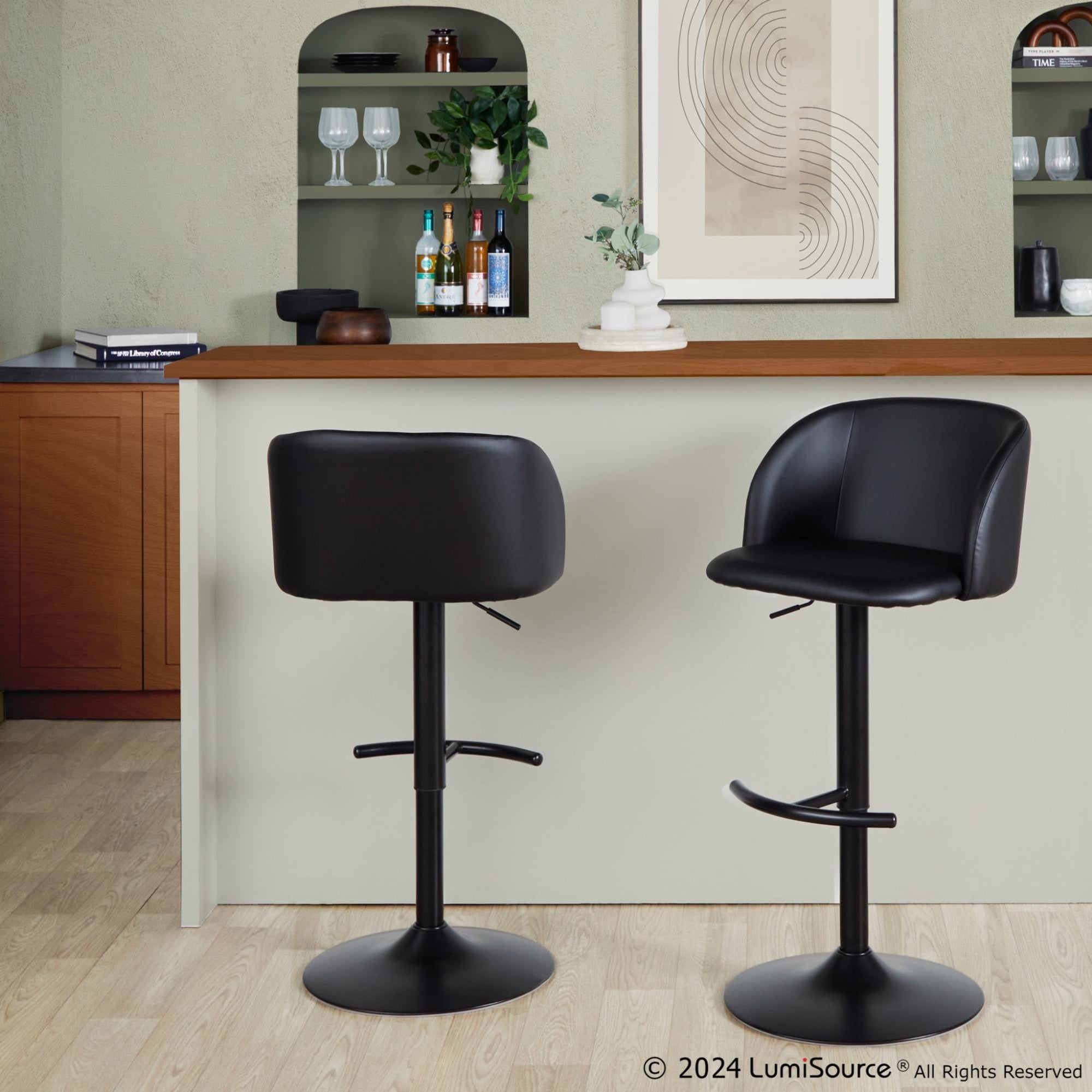 Fran Adjustable Barstool - Set of 2 - Black Metal, Black PU