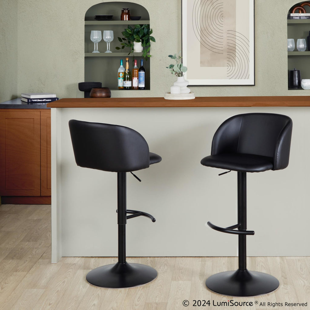 Fran Adjustable Barstool - Set of 2 - Black Metal, Black PU