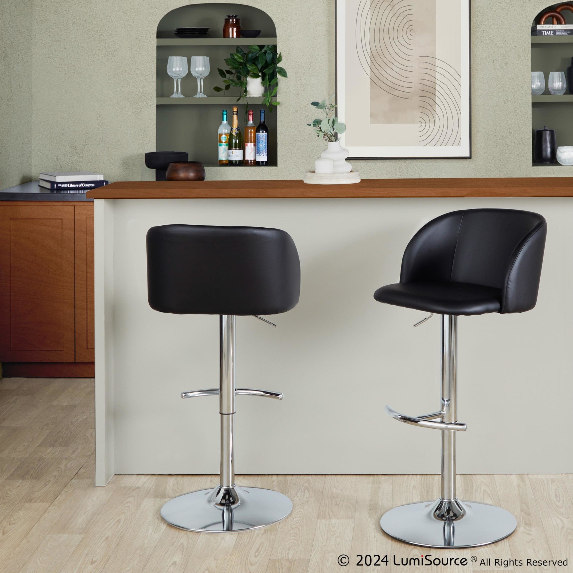 Fran Adjustable Barstool - Set of 2 - Chrome Metal, Black PU