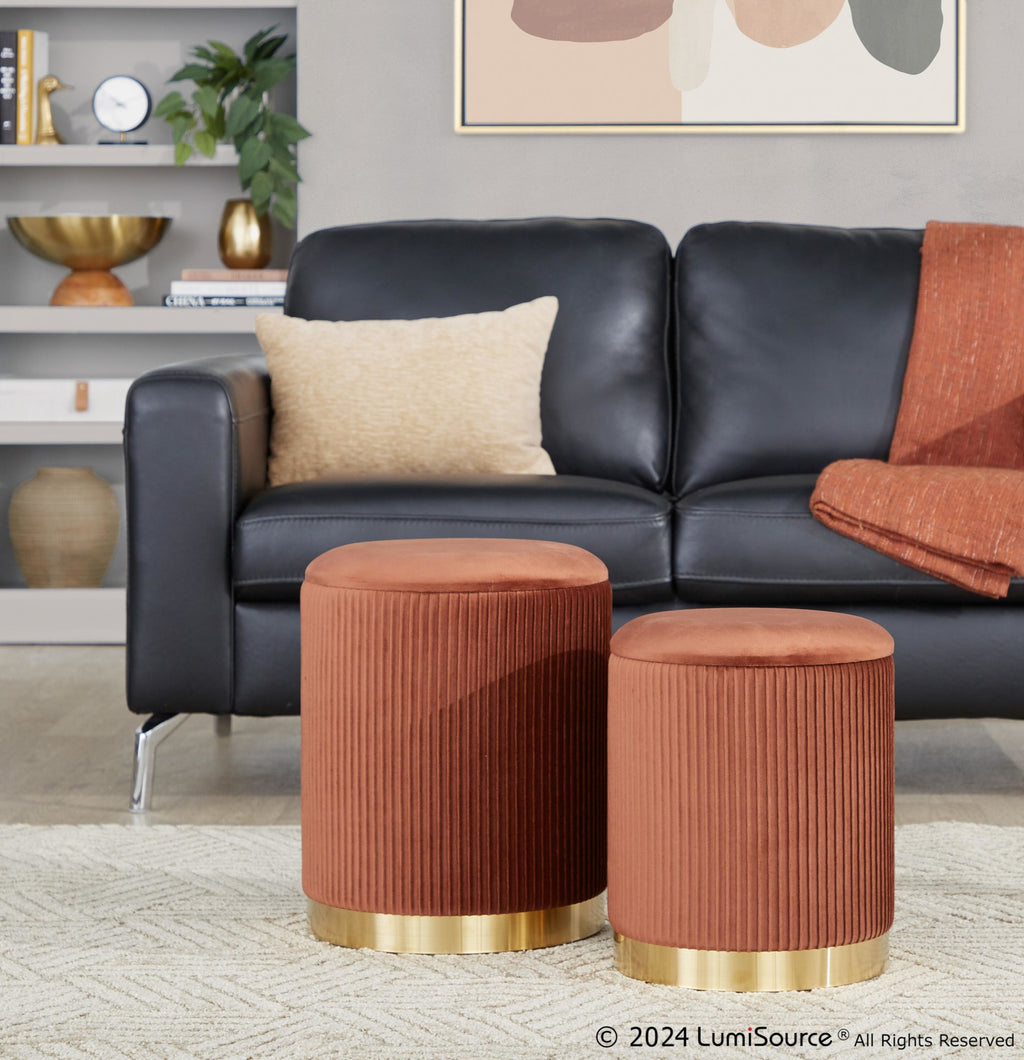 Marla Nesting Pleated Ottoman Set - Gold Metal, Light Brown Velvet