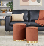 Marla Nesting Pleated Ottoman Set - Gold Metal, Light Brown Velvet