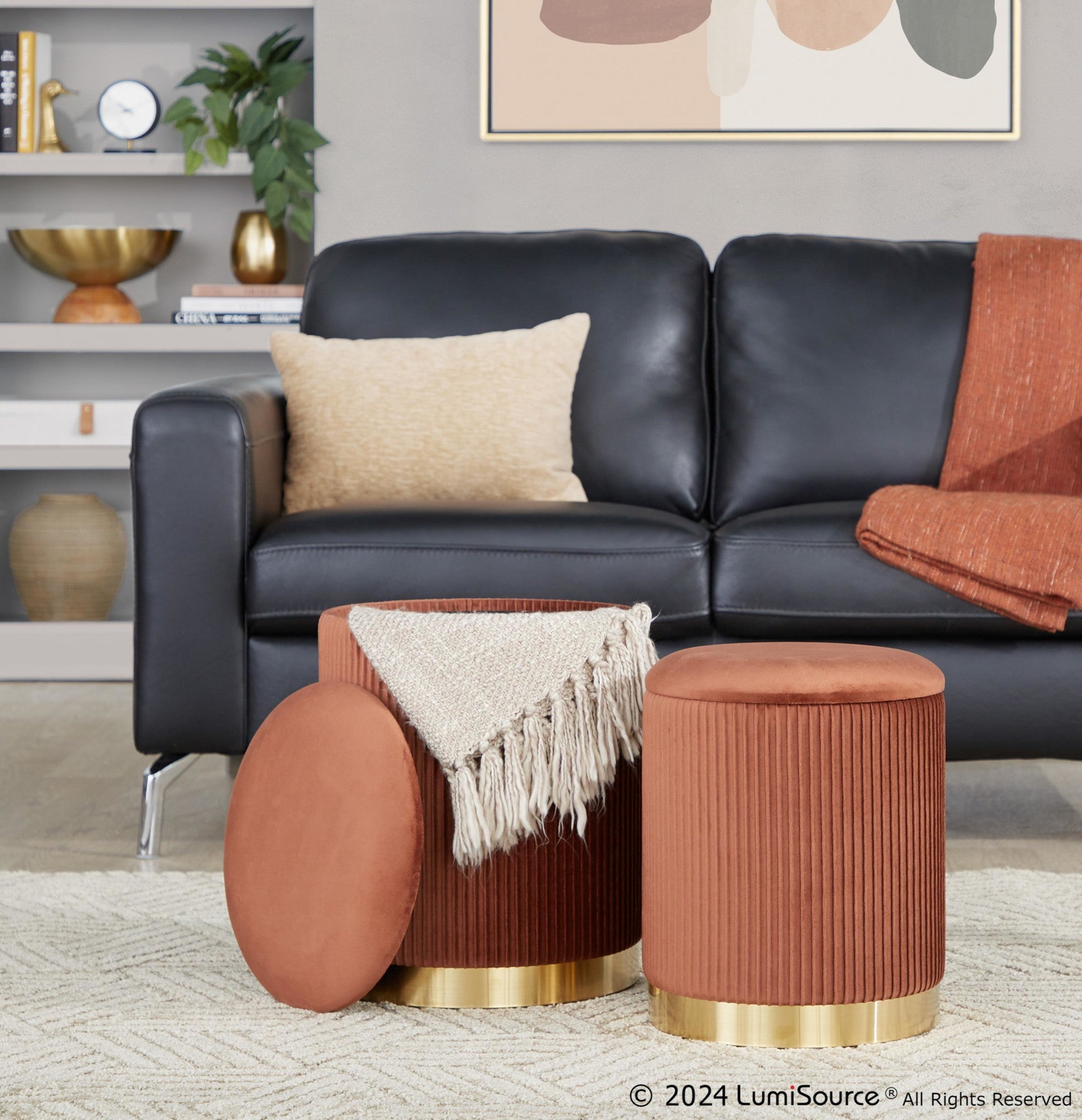 Marla Nesting Pleated Ottoman Set - Gold Metal, Light Brown Velvet