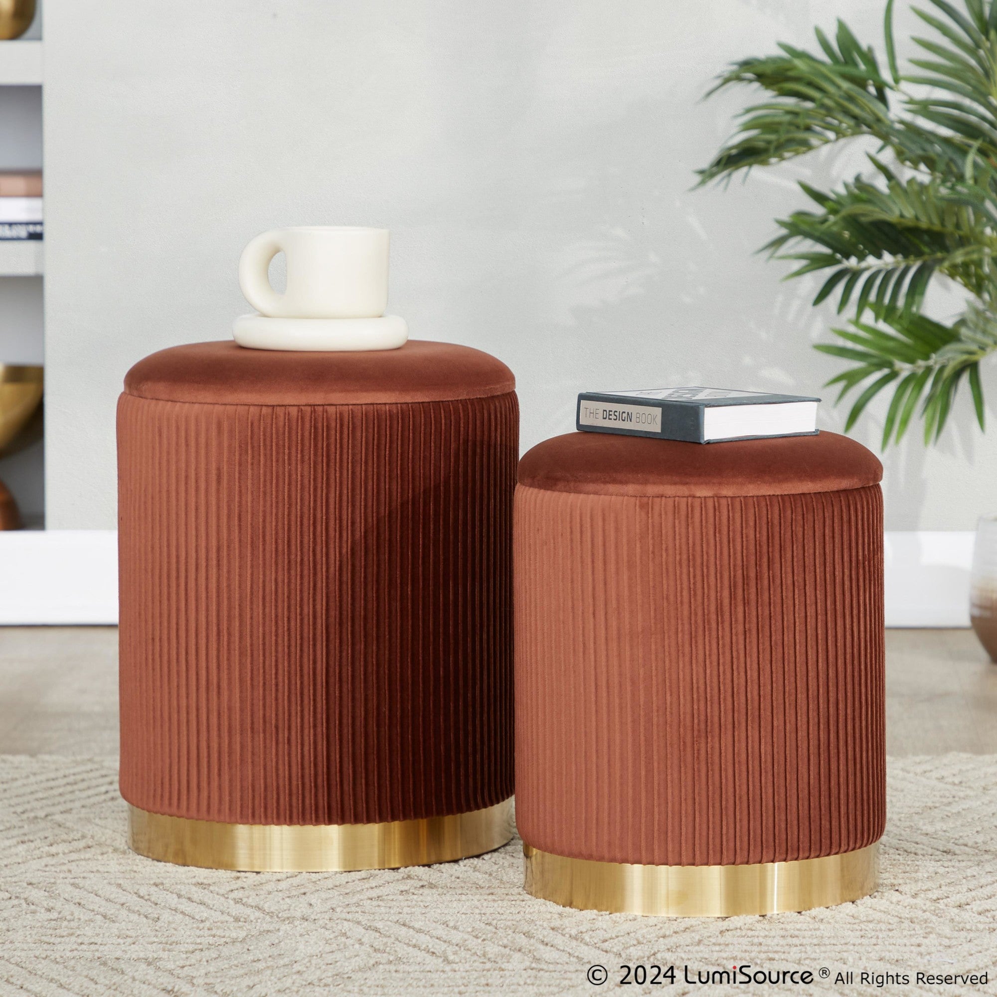 Marla Nesting Pleated Ottoman Set - Gold Metal, Light Brown Velvet