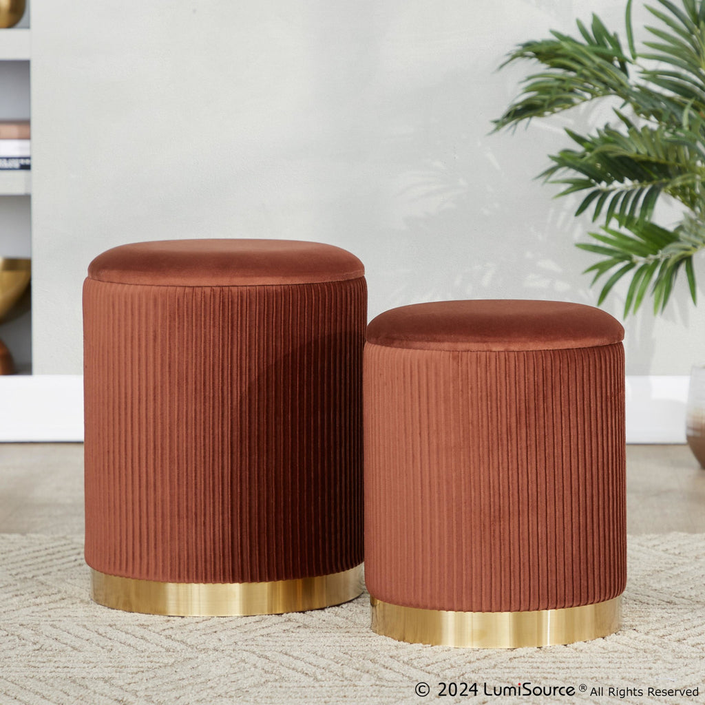 Marla Nesting Pleated Ottoman Set - Gold Metal, Light Brown Velvet
