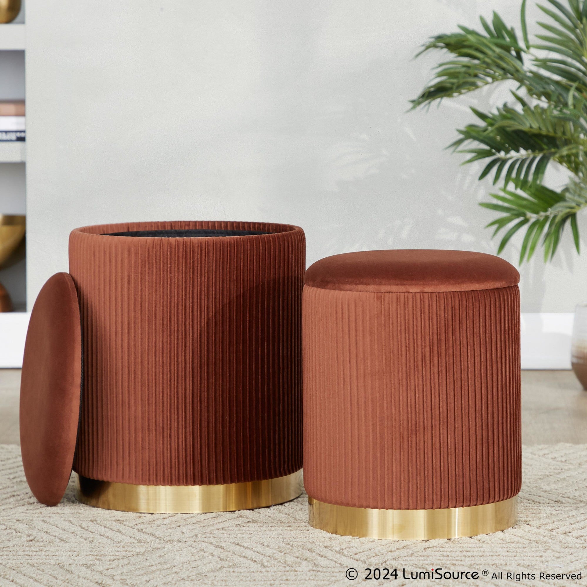 Marla Nesting Pleated Ottoman Set - Gold Metal, Light Brown Velvet