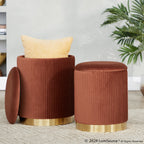 Marla Nesting Pleated Ottoman Set - Gold Metal, Light Brown Velvet
