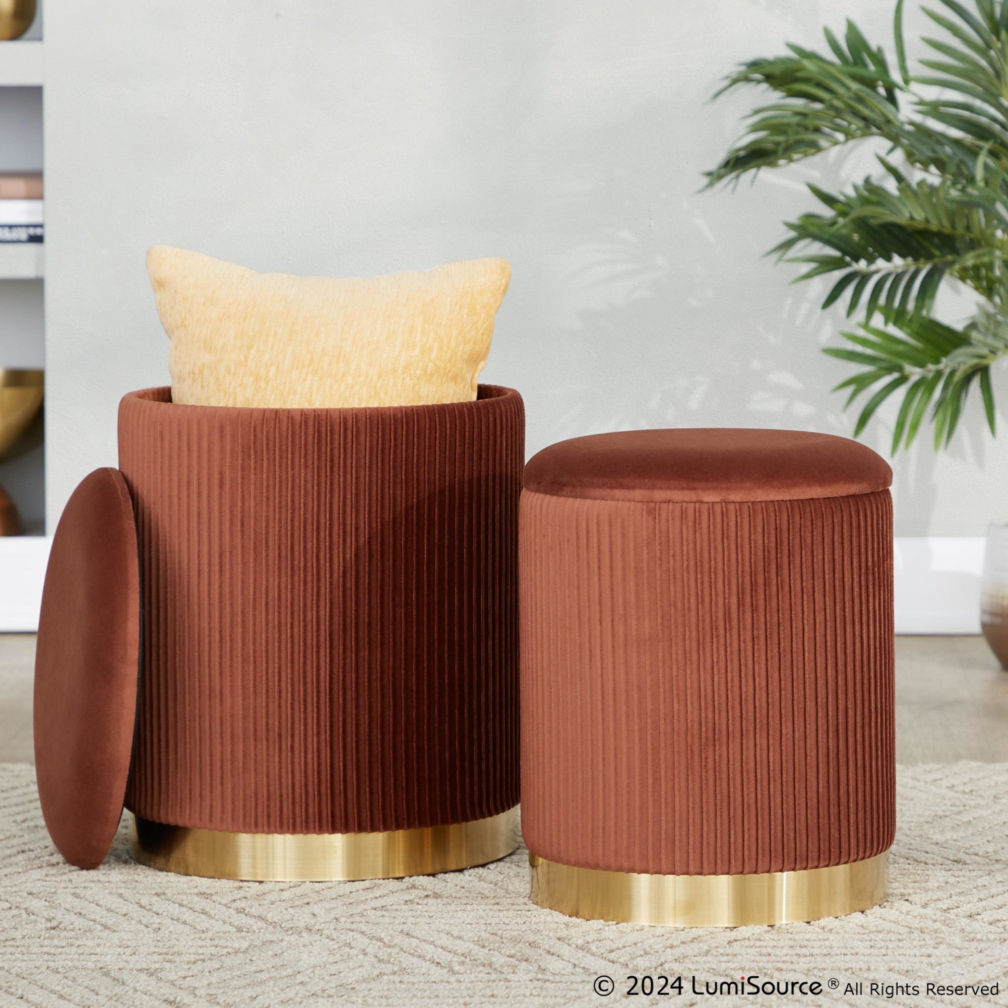 Marla Nesting Pleated Ottoman Set - Gold Metal, Light Brown Velvet