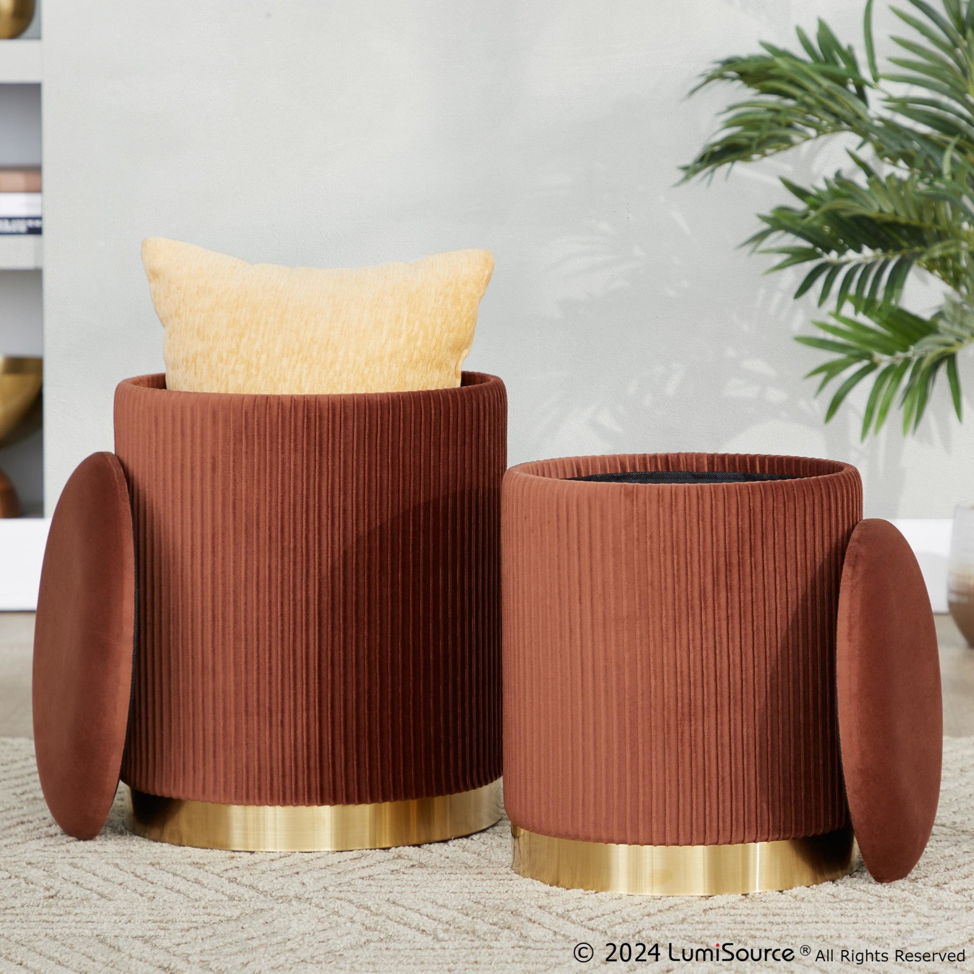 Marla Nesting Pleated Ottoman Set - Gold Metal, Light Brown Velvet