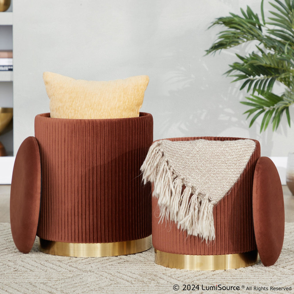 Marla Nesting Pleated Ottoman Set - Gold Metal, Light Brown Velvet